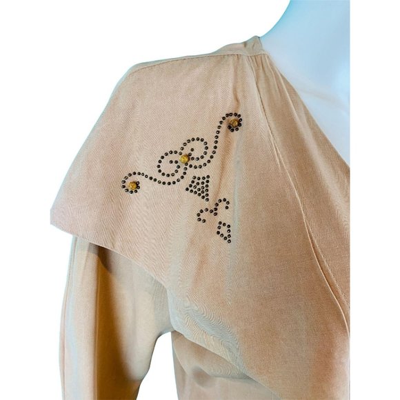 Vintage 90s Tunic Top Women's Large Beige Bronze Studded Large Collar Blouse - Picture 4 of 10